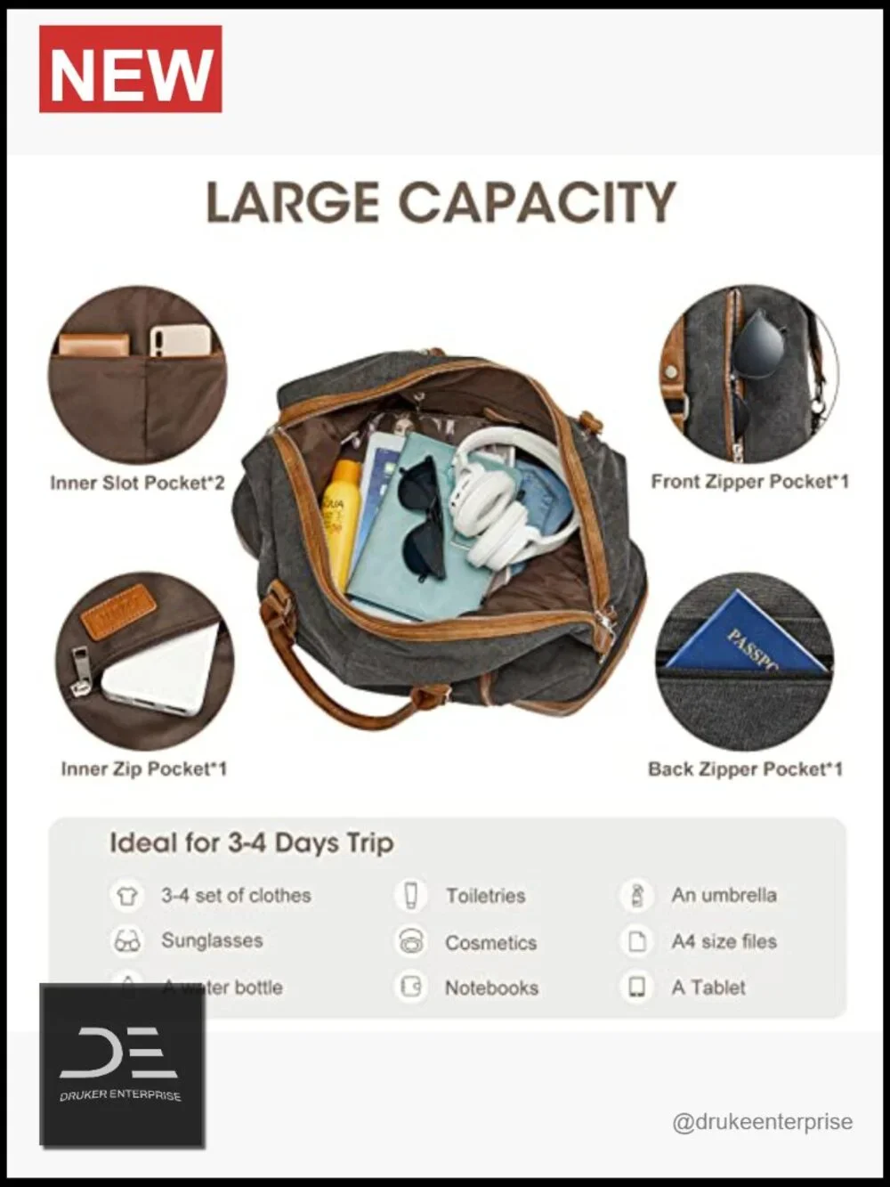 Canvas Weekender Duffle Bag with Shoe Compartment, Large Capacity Overnight